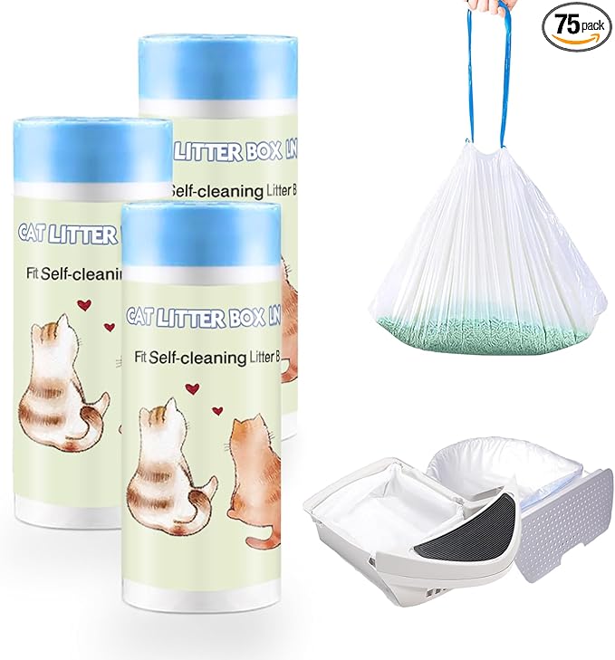 75 Count Self-Cleaning Cat Litter Box Liners 25.6" x 16.5" Compatible with Litter Robot 4 3 Automatic Cat Litter Box, Drawstring Heavy Duty Cat Litter Bags, 7-9 Gallon Trash Bag