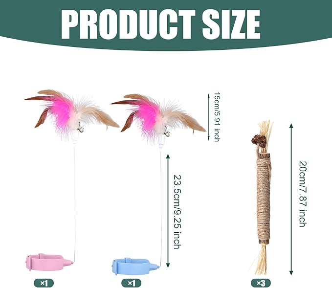 2pcs Silicone Collar Cat Toys & 3pcs Cat Teasing Wands, Adjustable Cat Wand Toy Cat Feather Toys Catnip Chew Toys Silvervine Sticks Interactive Cat Teaser Toys for Indoor Cat Kitten Exercise