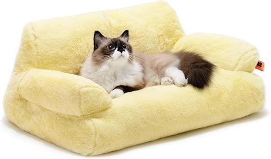 MEWOOFUN Pet Couch Bed, Washable Cat Beds for Medium Small Dogs & Cats up to 25 Lbs, Dog Beds with Non-Slip Bottom, Fluffy Cat Couch, 26×19×13 Inch (Yellow)
