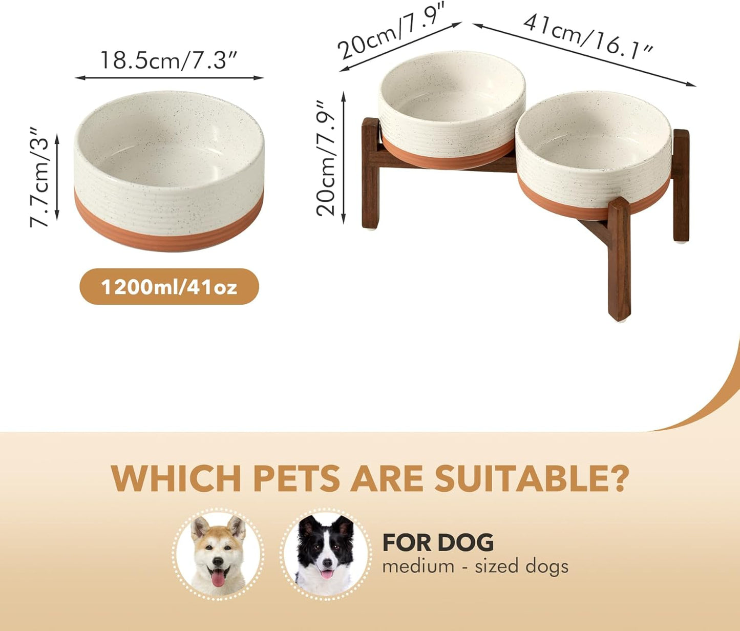 Ceramic 7.3inch Raised Double Dog Bowls Set with Acacia Wood Stand, Food & Water Bowls for Medium Breed Dogs, Weighted Pet Dishes(41oz, Vanilla White)