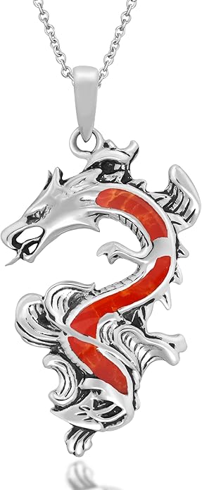 AeraVida Legendary Chinese Dragon Charm Stone Inlaid Accent .925 Sterling Silver Pendant on 18-inch Chain Necklace | Dragon Jewelry Necklace Accessory for Men Women Unisex