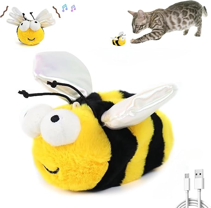 Interactive Flapping Bird Cat Toys, Rechargeable, Touch Activated, Catnip, Chirping Bird Toys for Indoor Cats and Kittens (Bee)