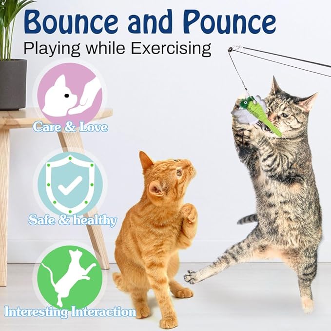 Pawaboo Cat Feather Toys, 4 Pack Interactive Cat Feather Teaser Wand Toys, Retractable Fishing Pole Wand Catcher Exerciser with Refill Fish, Dragonfly Worm with Bells, Fun Kitten Kitty Toy, Colorful