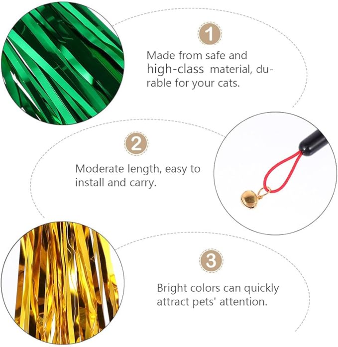 LUOZZY 16 Pcs Cat Teaser Wand Metallic Foil Tassel Cat Wand Toy Replacement with Bell Interactive Catcher Teaser for Pet, Random Color
