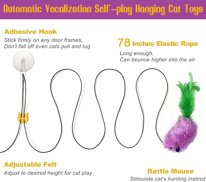 AYWVRBST 3 Pack Hanging Cat Toys, Self Play Chase Exercise, Make Sound, Adjustable Bouncy String, Hanging Mouse Cat Toy for Bored Indoor Adult Cats Kittens, Cat Teaser Toy, with Adhesive Hooks