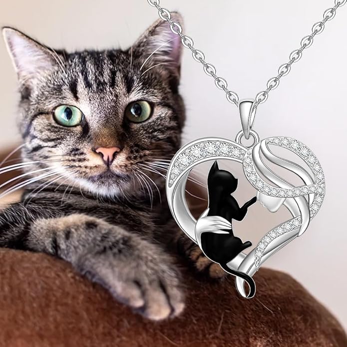 Black Cat Necklace for Women 925 Sterling Silver Cat Necklace Heart Cat Necklaces Pendant Halloween Christmas Gifts