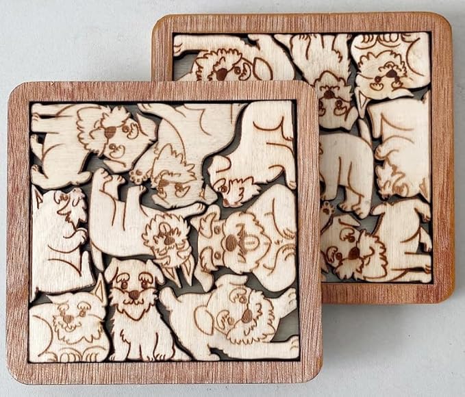02 Schnauzer Dog Puzzle Wooden Coasters- Interlocking Jigsaw Drink Mats with Laser-Cut Design for Pet Lovers (Schnauzer Dog Coasters)