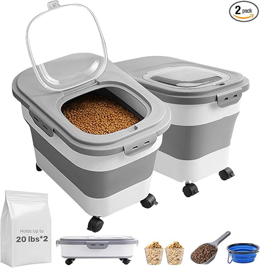 Dog Food Storage Container 2pack*20LB,Collapsible Dog Food Container with Travel Silicone Bowl and Scoop for Dog/Cat/Bird Food/Cat litter,Keep Dry Food Fresh,Easy to Move.