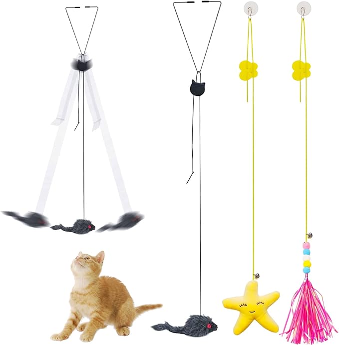 Mice Toys for Indoor Cats - 3 Pack Hanging Door Cat Toys with Tassel - Retractable Cat Toy with Rope Mouse Starfish Caterpillar - Interactive Cat Teaser Toy for Indoor Kitten Play Chase Exercise