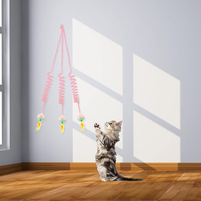 WishLotus Interactive Cat Toys, 2 Pack Soft Plush Cat Toys for Indoor Cats Self-Hanging Door Cat Plush Toys with Bells Long Tail Elastic Indoor Cat Toys for Cat Chase Play and Kill Time (Pink+Blue)