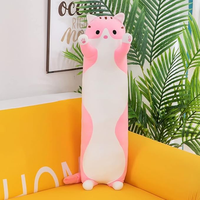 Long Pink Cat Plush Pillow Toy Sleeping Pillow Cute Cartoon Cat Stuffed Animals Soft Long Body Pillow Gift for Kids(19.68in)