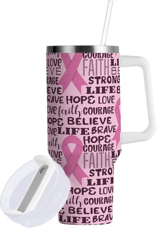 Boccsty Pink Ribbon Healthcar Breast Cancer Awareness Insulated Tumblers Reusable Stainless Steel Tumbler 40 oz Cup Coffee Travel Mug Water Bottle with Handle & Flip Straw for Home Office Car
