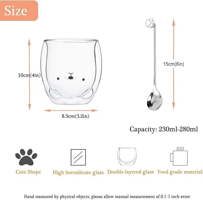 Bear Cute Mugs Kawaii Double Wall Glass Coffee Tea Mill Yogurt Cup Funny Novelty Gift for Women Her Friends Office Birthday Christmas