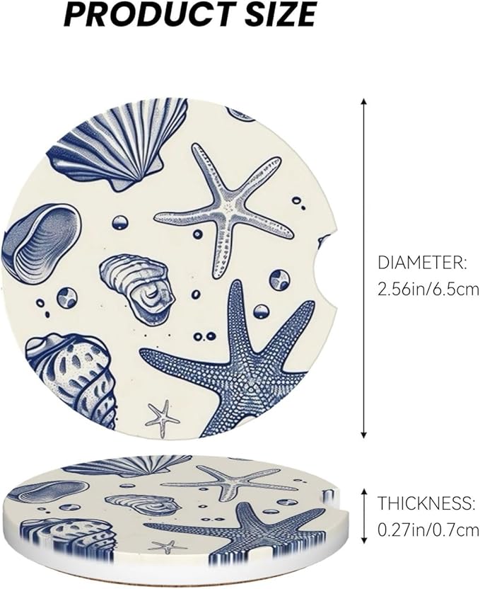 Absorbent Ceramic Car Coasters for Cup Holders, Blue Sea Starfish Shells Design 2.56" Anti Slip Universal Drink Cup Coasters for Women Men (2 Pack)
