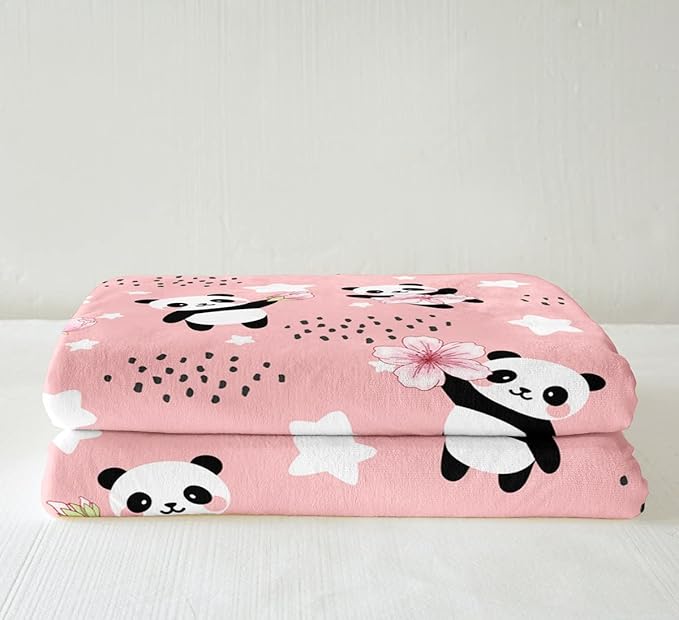 Erosebridal Kawaii Panda Throw Blanket for Bed Couch Girls,Pink Cherry Blossom Fleece Blanket Stars Sherpa Flannel Baby Size Cute Dots Blanket,Lovely Bear Animal for Sofa Couch