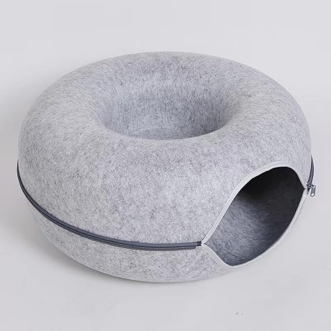 ESPIDO-Premium Cat Cave for Small Pets, Multifunctional Donut Tunnel Bed for Indoor Pets, Round Felt Pet Cave with Premium Zipper, for Pets up to 40 Lbs (24x24x11 Inch) (Light Gray)