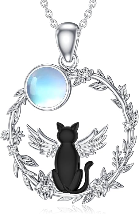 Black Cat Necklace for Women 925 Sterling Silver Moonstone Necklace Cat Pendant Necklaces Ladies Cat Jewelry Birthday Cat Gifts for Mom Cat Lovers