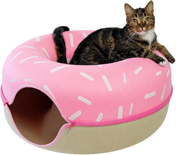 Luli & Cat Sprinkled Donut Cat Tunnel Bed - Large Cat Tunnel Hideaway Caves for Indoor Cats
