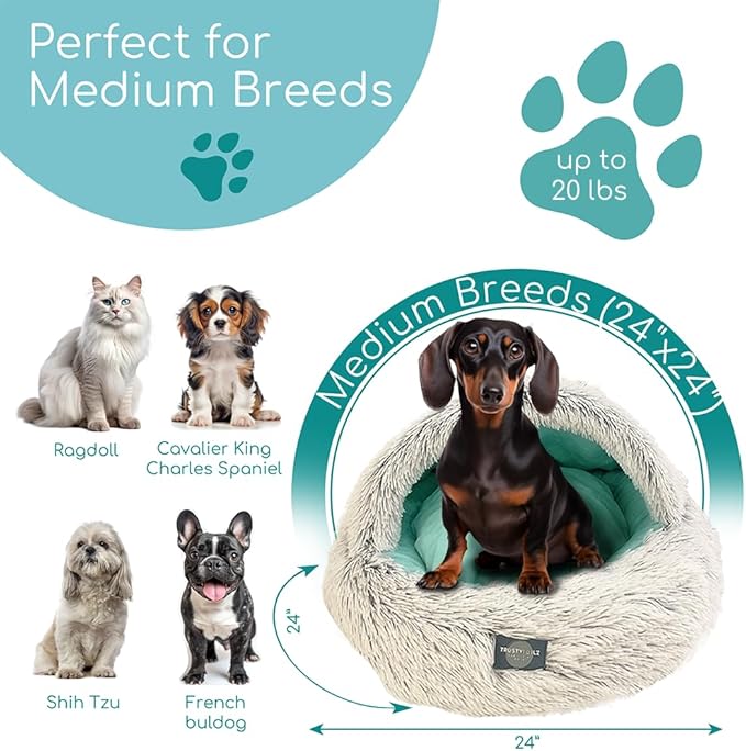 TrustyTailz Cozy Cave Dog Bed and Cat Cave Bed with Hooded Cover, Snap-in Frame, Washable and Removeable, Plush Grey Fluffy Cover Indoor Cats or Small Dog Beds, Non-Slip Base (Medium)