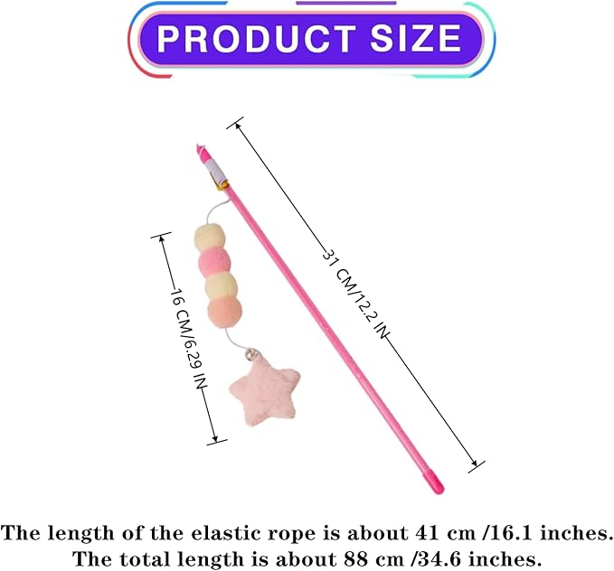 2 PCS Cat Wand Toy Interactive Cat String Toys Elastic Rope Plush Ball Star Pendant Cat Feather Toy Cat Stick Toy for Indoor Cat Mice and Animals Toys Pet Supplies