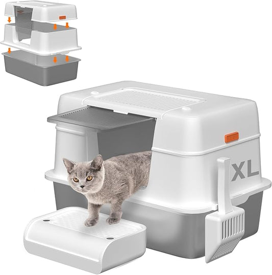 3-in-1 Stainless Steel Cat Litter Box with Removable Lid-Enclosed XL Extra Large High-Sided Metal Box for Small & Big Cats with Scoop-Easy to Clean, Odor Control, Non-Sticky,Anti-Leakage (White)