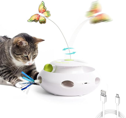 ALL FOR PAWS 3 in 1 Interactive Cat Butterfly Flutter Toy with Rolling Balls, Poping Feather Toy Automatic Kitten Spinner Toys Mental Stimulation for Indoor Cats, USB Rechargeable Kitty Toys