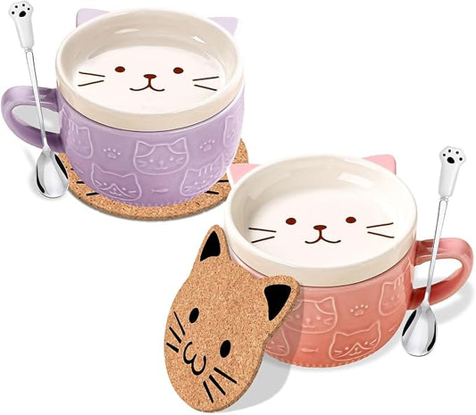 2PCS Cute Mug Kawaii cat Tea Cup Ceramic Coffee Mug with lid,Tea Cups and Saucers for Dessert Tea Mug Cute Gifts Cat lover gifts for women Anime gifts for women Christmas Gifts 10oz (Pink +Purple)