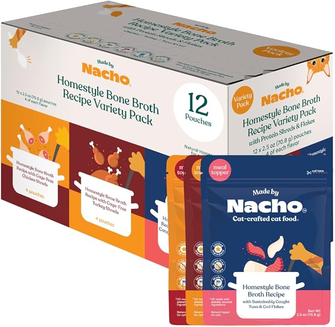 Made by Nacho Wet Cat Food Homestyle Bone Broth Variety Pack Hydrating Food Topper, Chicken (x4), Turkey (x4), and Tuna and Cod Flakes (x4) Limited Ingredients, 2.5oz (12 pouches)