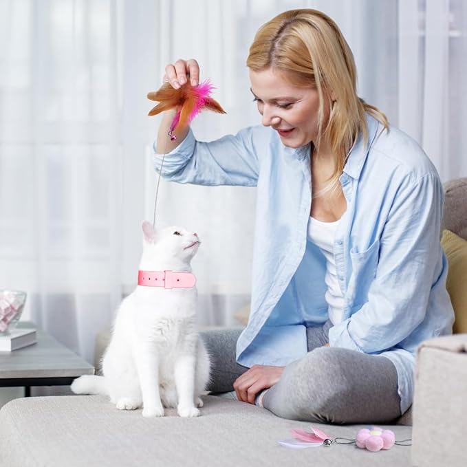 Cat Feather Collar Toys 2 Pcs Interactive Cat Toys for Indoor Cats Teasing Wand Collar Funny Cat Toy with Bell and Replaceable 4 Feathers Refills Multiple Ways for Cats to Play(Blue+Pink)