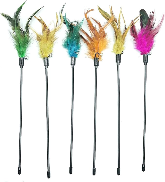 IUHKBH Cat Wand Toys, 6 PCS Interactive Cat Teaser Wand Cat Feather Toys with Bell for Indoor Cats, Kitties