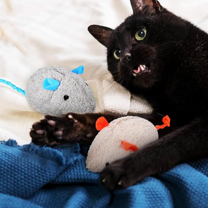 LOGOFUN 4Pcs Cat Mice Toy Plush Cat Mouse Toys Kitten Mice Chew Toy Kitten Mouse Molar Toy for Pet Supplies - Gray+Beige