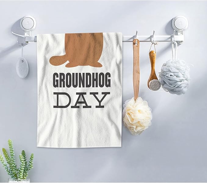 AOYEGO Brown Groundhog Hand Towel Cute Animal with Black Hat Word Happy Groundhog Day Towels Cotton Face Towel Bath Kitchen Decor Set for Women Men Girls Boys 15x30 Inch