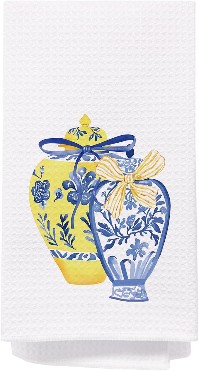 SPBL&L Yellow Chinoiserie Decor Kitchen Towels, Grandmillennial Home Decor,Chinoiserie Yellow and Blue Decorative Hand Towels for Bathroom, 16x24 Inch