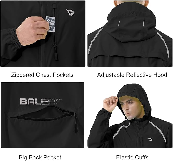 baleaf Men's Rain Jacket Waterproof Windbreaker Running Cycling Golf Hiking Gear Hood Lightweight Reflective Packable