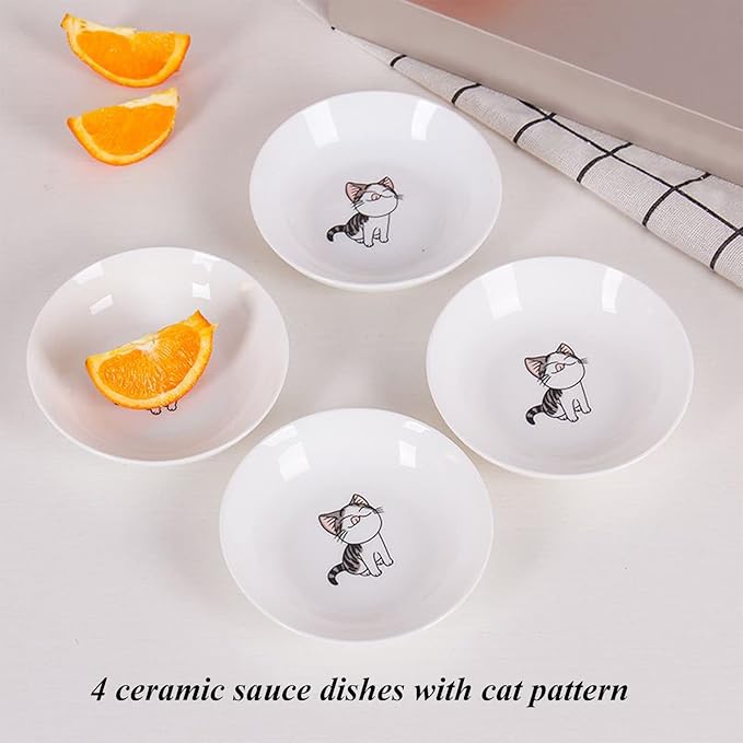 4 Pack Saucer Dishes with Cat Pattern, Ceramic Dipping Bowls Set, 4 Inch Side Dishes Sauce Dishes for Sushi Sauce Snack Soy, Porcelain Seasoning Dishes Side Bowls, Snack Serving Dishes