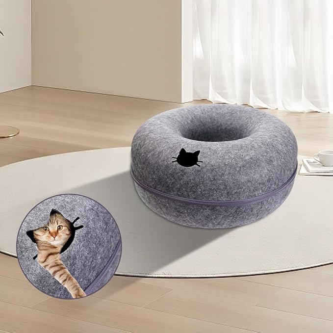 Cat Tunnel Bed for Indoor Cats, Scratch Resistant Donut Cat Bed Cave, Indoor Cat Hideout, Detachable Round Felt & Washable Interior Cat Play Tunnel for Small Pets