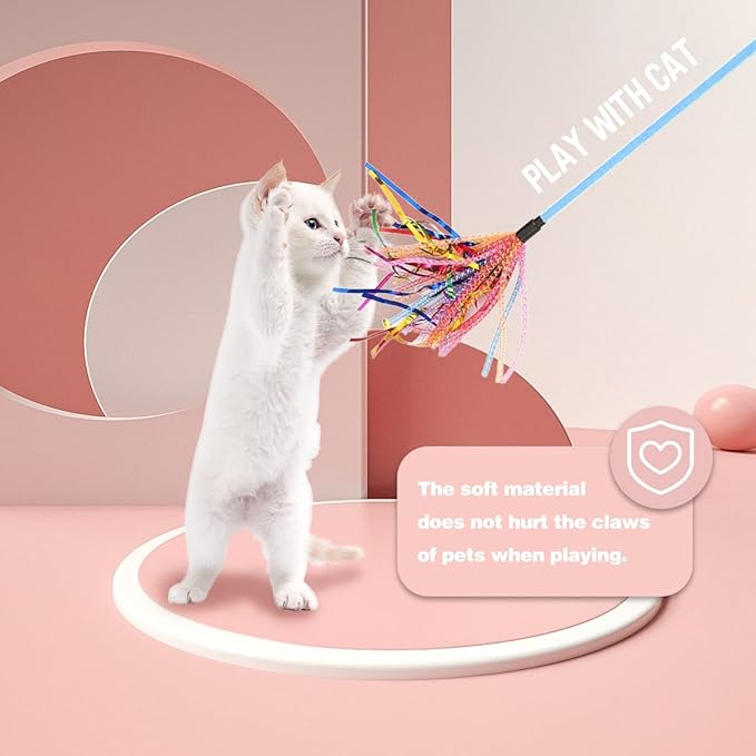 Cat Toy Wand 2PCS Interactive Cat Feather Toy Cat Teaser with Sound Paper Tassels and Soft Line Tube(Pink+Blue)
