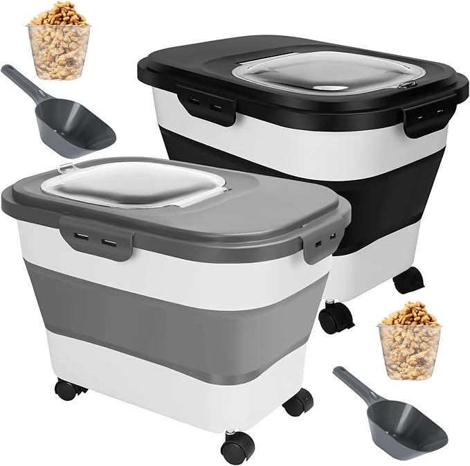 2 PCS Dog Food Storage Containers 15-20 Lbs Collapsible Dog Food Storage Container - with Measuring Cup &Scoop(Grey+Black)