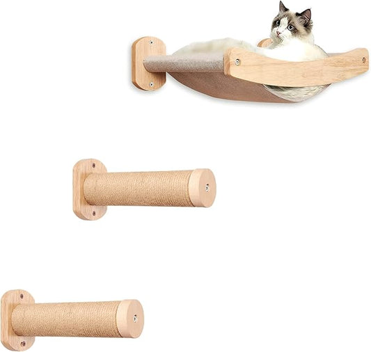 Cat Wall Hammock Set with 2 Cat Steps - Wall Mounted Cat Bed, Stylish Modern Cat Wall Furniture, Cat Wall Floating Shelves & Perches, Sturdy Kitty Hammock Beds for Climbing, Playing, Sleeping