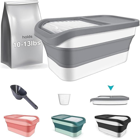 Pet Food Storage Containers, Collapsible Cat Food Container with Transparent Sliding Lid,10-13 lb Plastic Dog Food Bin with Measuring Cup and Dog Food Scoop