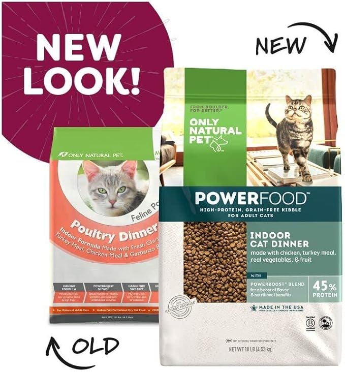 Only Natural Pet Powerfood Poultry Indoor Cat Dinner Dry Food - High-Protein Grain Free Kibble for Adult Cats, Made in USA and Supports Skin & Coat, Heart, & Immune Health, 10 Lb Bag