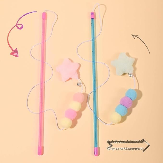 Cat Toy Wand, Pink Cat Stick Toy Elastic Rope Plush Ball Star Pendant, Bite-Resistant Comfortable Grip Relieve Boredom, Handmade Kitten Teaser Wand Cat Mice and Animals Toys