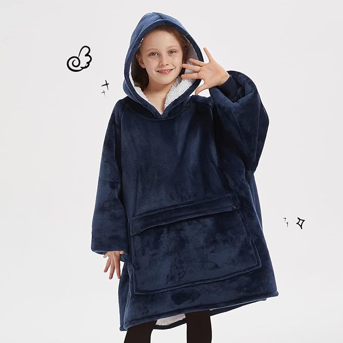 KFUBUO Wearable Blanket Hoodie for Kids Sherpa Patterns Oversized Sweatshirt Blanket With Pocket 6-10 Year Old Girl Boy Birthday Gifts Navy
