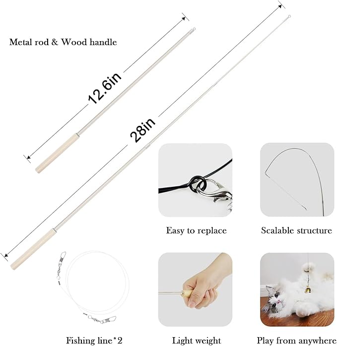 Cat Fishing Pole Toy, Cat Wand Toy,Metal Retractable Teaser Wand Fishing Rod with Wood Handle, 6 Feathers Replacement Attachments with Bells, for Kittens