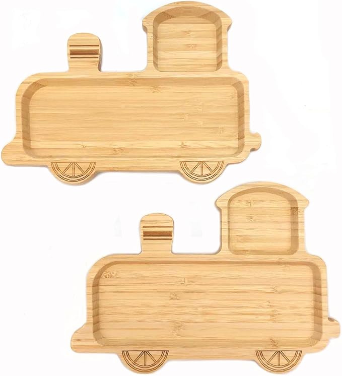 4913, Bamboo Train Shaped Food Plate for Snacks Appetizer Fruit Vegetable | Children Meal Plate | Picnic Kitchen Party | Eco-Friendly Plates, 11"x7.75", 2 Pack