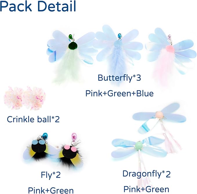 Cat Toy, Shiny Insect Refills for Cat Wand Toy, 9PCS Replacements with Bells for Cat Fishing Pole Toy, Interactive Cat Toy Lightweight, Chase and Exercise (Insects + Ball Set)