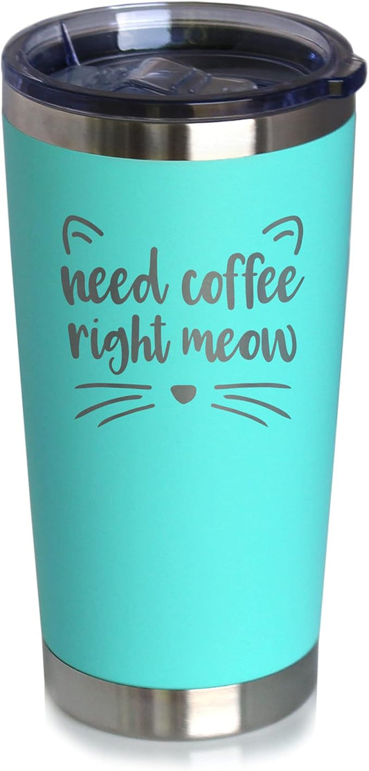 Bevvee Need Coffee Right Meow - Insulated Coffee Tumbler Cup with Sliding Lid - Stainless Steel Insulated Mug - Cat Themed Coffee Gifts - Teal