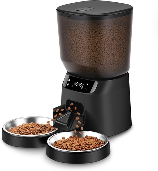 Automatic Cat Feeders for Two Cats, 5L/20 Cups Double Automatic Cat Food Dispenser with 2 Stainless Bowls,10s Meal Call and Timer Setting 20 Portions 6 Meals Per Day,Pet Feeder for Cat and Dog Black
