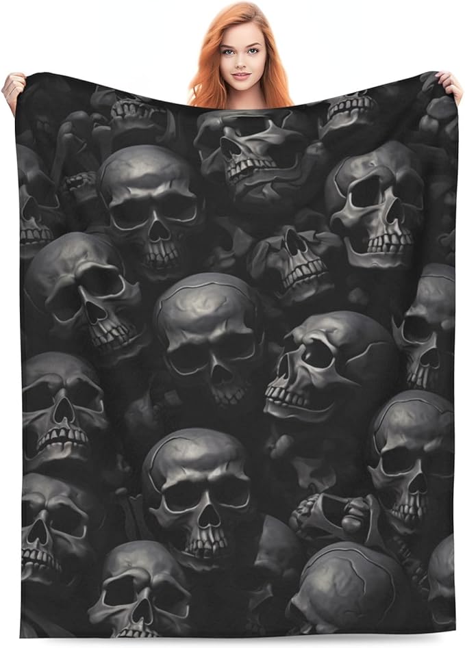 Black Horror Skull Fuzzy Sofa Throw Blanket Flannel Super Soft Warm Fleece Bedspread Home Decor for Bed Couch Living Room All Season 80"X60"