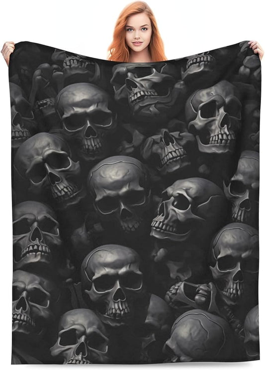 Black Horror Skull Fuzzy Sofa Throw Blanket Flannel Super Soft Warm Fleece Bedspread Home Decor for Bed Couch Living Room All Season 80"X60"